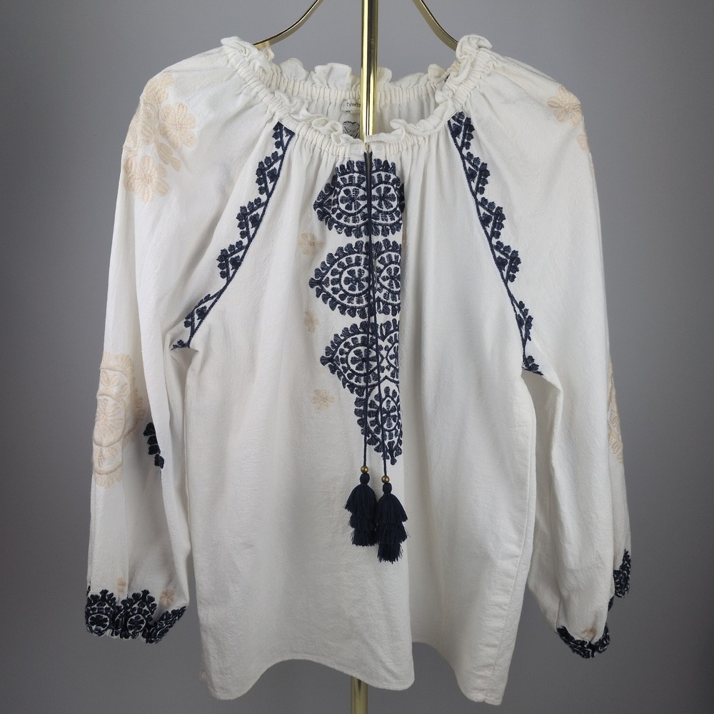 Tyler Böe Women L Boho Peasant Blouse White Navy Embroidered Tassel Smocked Top